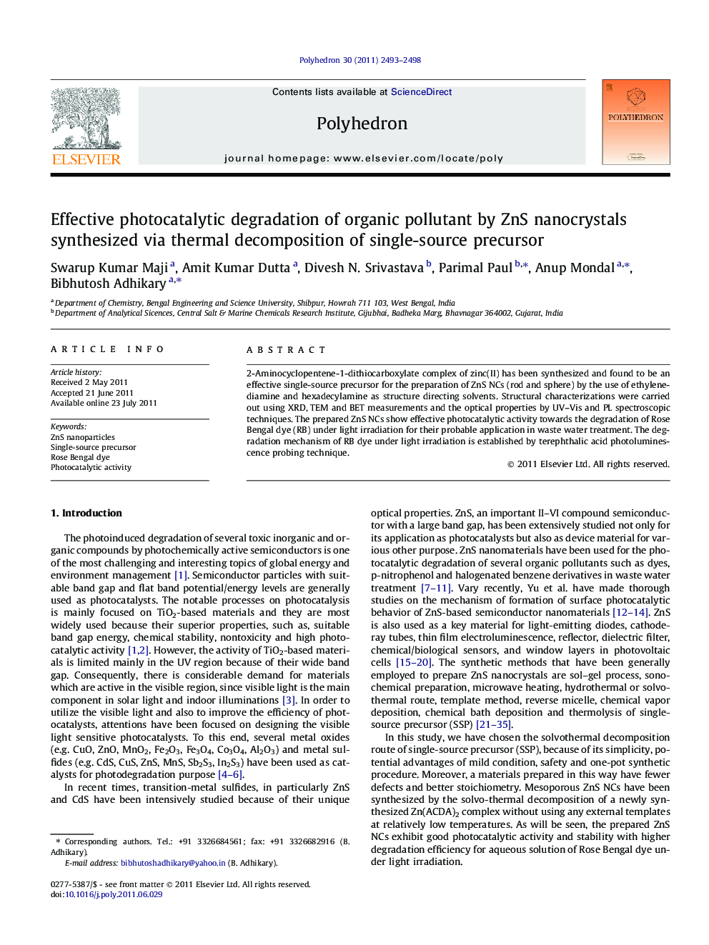 Effective photocatalytic degradation of organic pollutant by ZnS nanocrystals synthesized via thermal decomposition of single-source precursor