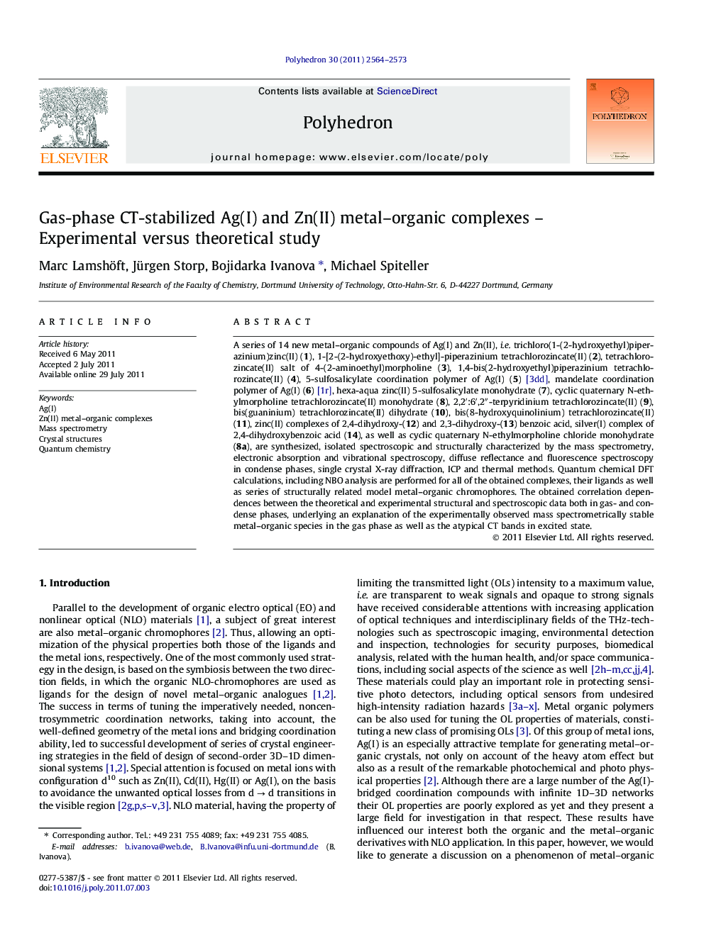 Gas-phase CT-stabilized Ag(I) and Zn(II) metal–organic complexes – Experimental versus theoretical study