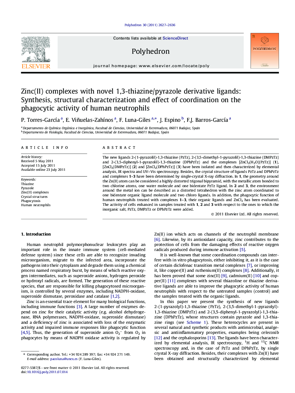 Zinc(II) complexes with novel 1,3-thiazine/pyrazole derivative ligands: Synthesis, structural characterization and effect of coordination on the phagocytic activity of human neutrophils