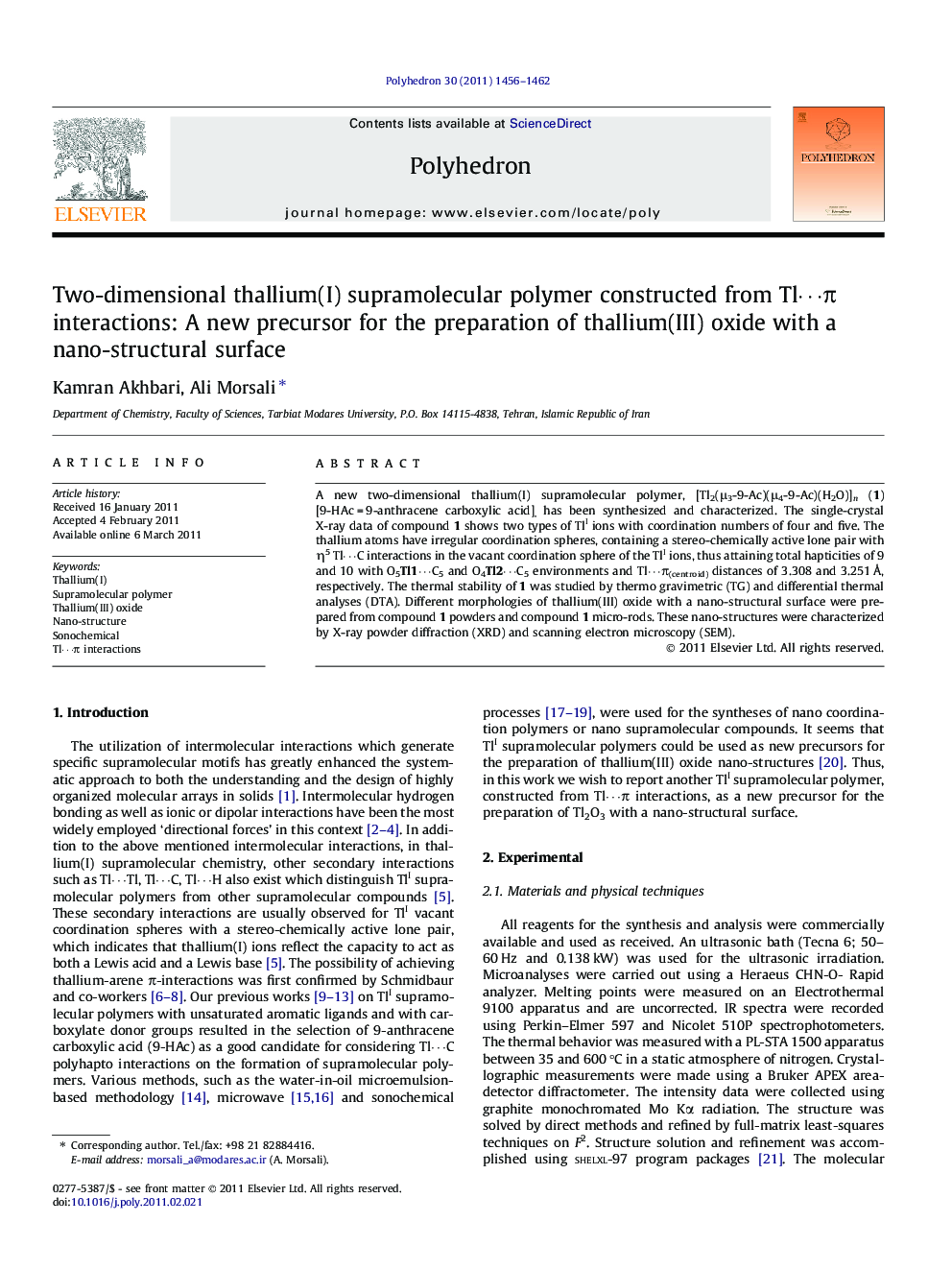 Two-dimensional thallium(I) supramolecular polymer constructed from Tl⋯π interactions: A new precursor for the preparation of thallium(III) oxide with a nano-structural surface