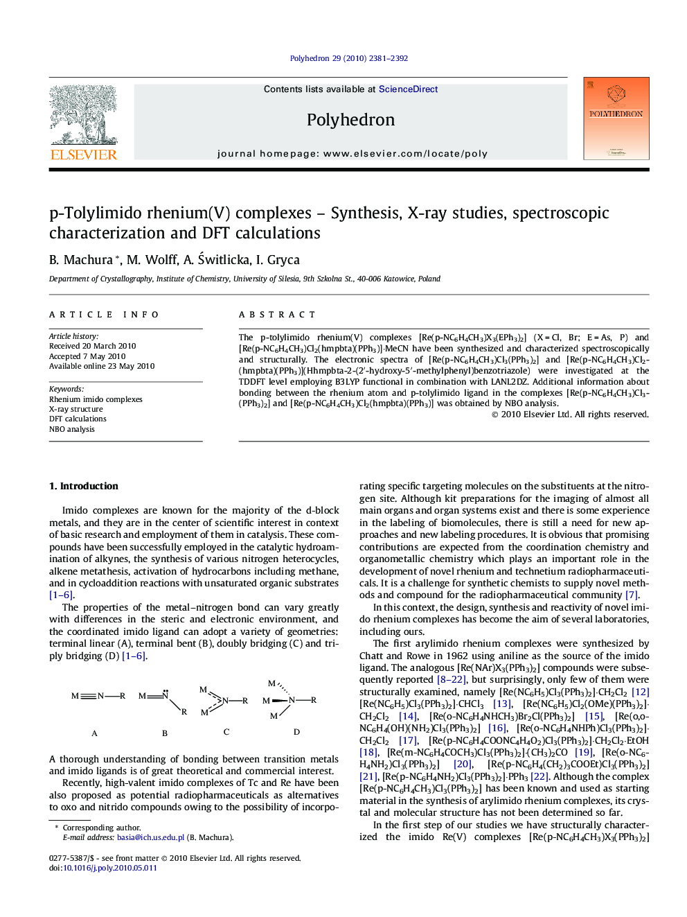 p-Tolylimido rhenium(V) complexes – Synthesis, X-ray studies, spectroscopic characterization and DFT calculations