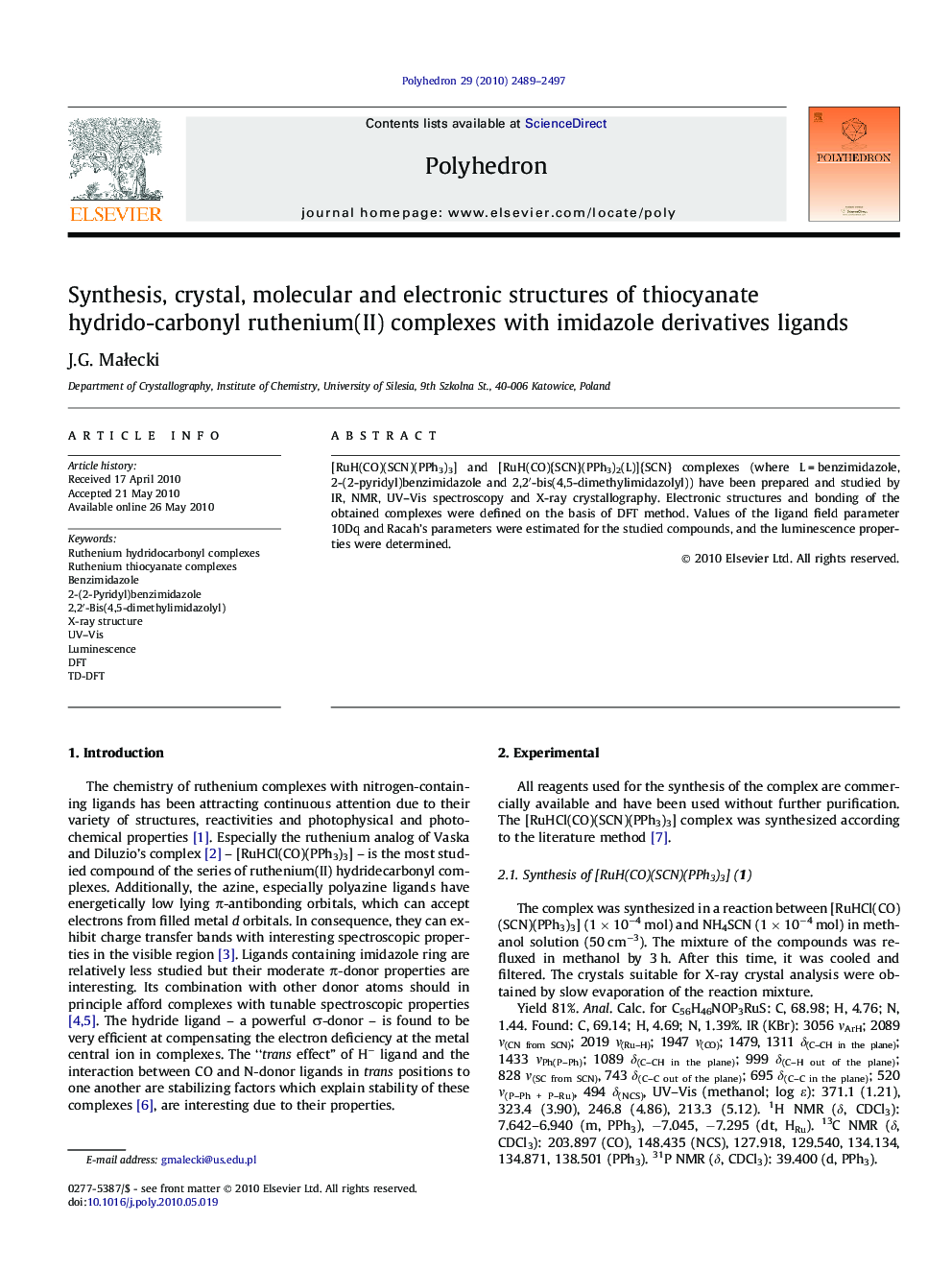 Synthesis, crystal, molecular and electronic structures of thiocyanate hydrido-carbonyl ruthenium(II) complexes with imidazole derivatives ligands