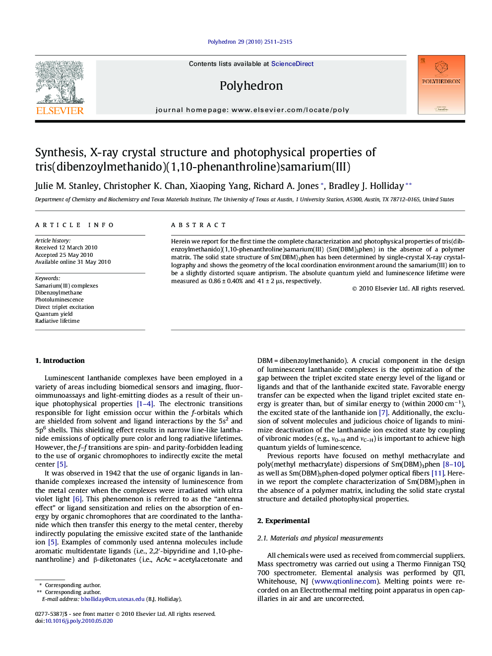 Synthesis, X-ray crystal structure and photophysical properties of tris(dibenzoylmethanido)(1,10-phenanthroline)samarium(III)