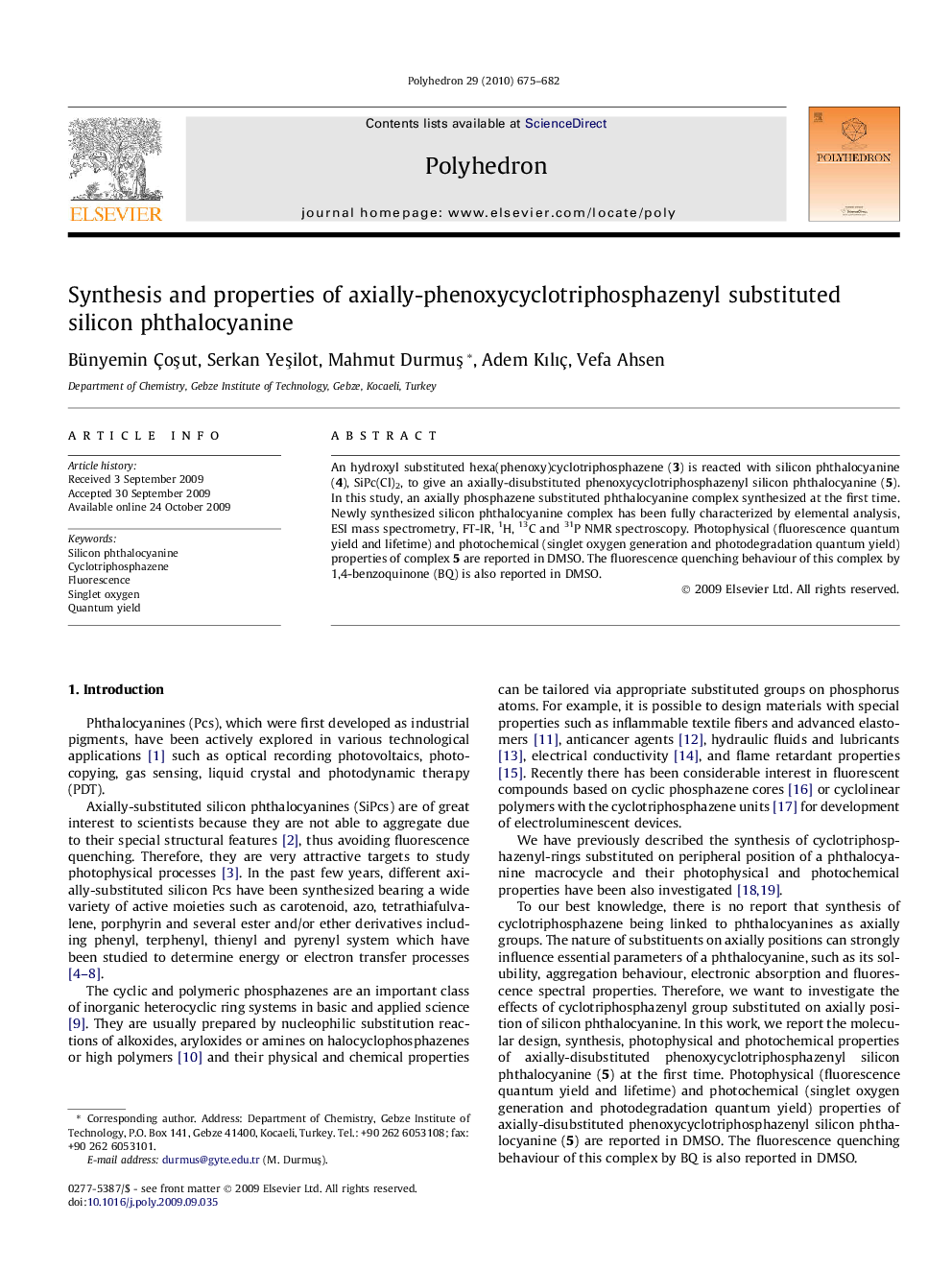 Synthesis and properties of axially-phenoxycyclotriphosphazenyl substituted silicon phthalocyanine