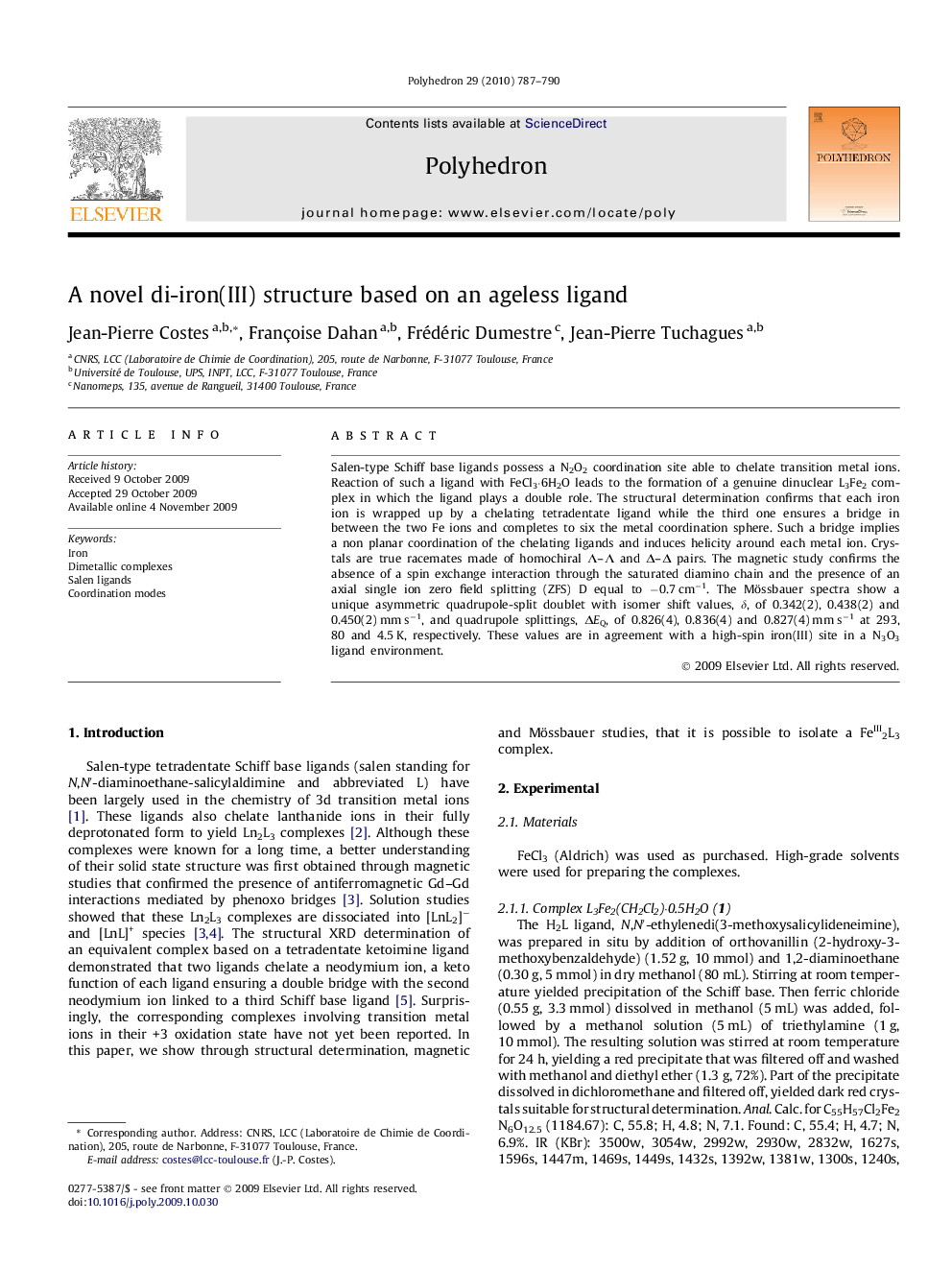 A novel di-iron(III) structure based on an ageless ligand