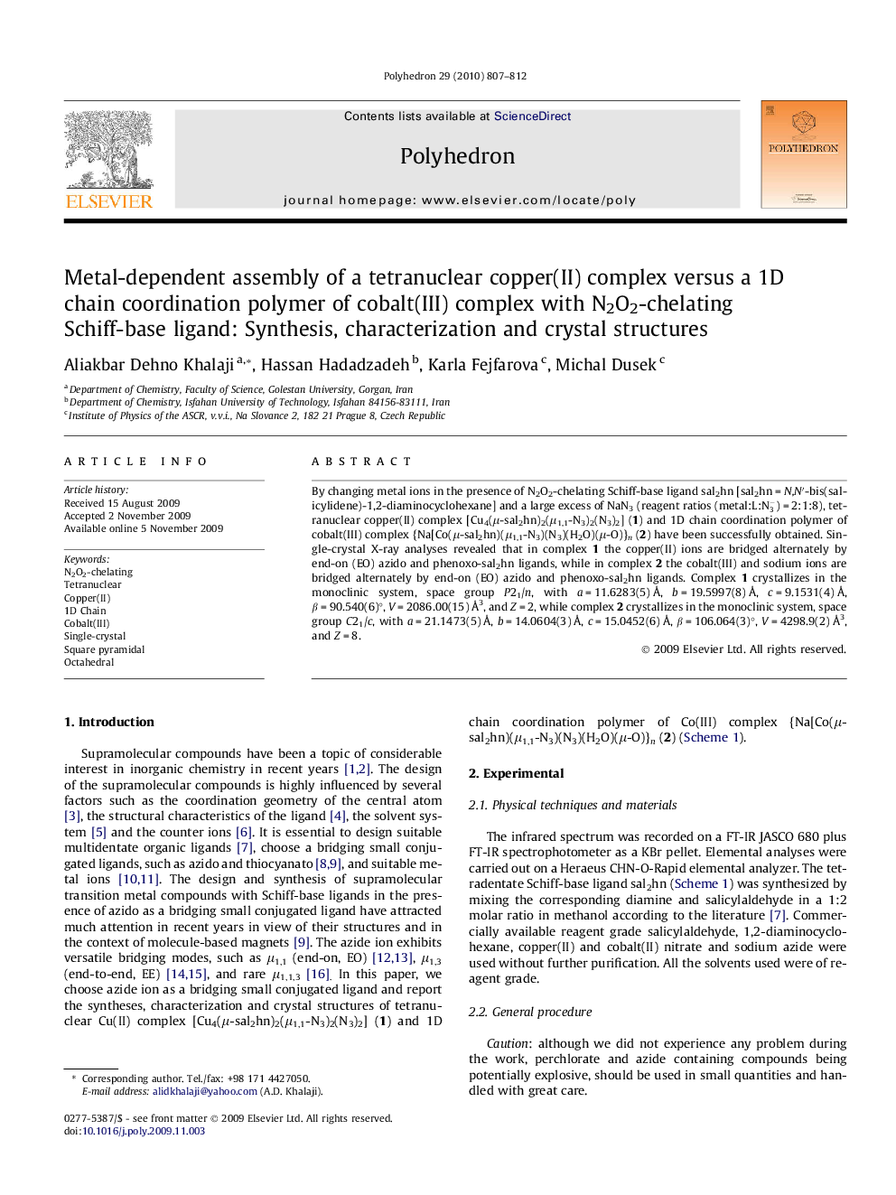 Metal-dependent assembly of a tetranuclear copper(II) complex versus a 1D chain coordination polymer of cobalt(III) complex with N2O2-chelating Schiff-base ligand: Synthesis, characterization and crystal structures