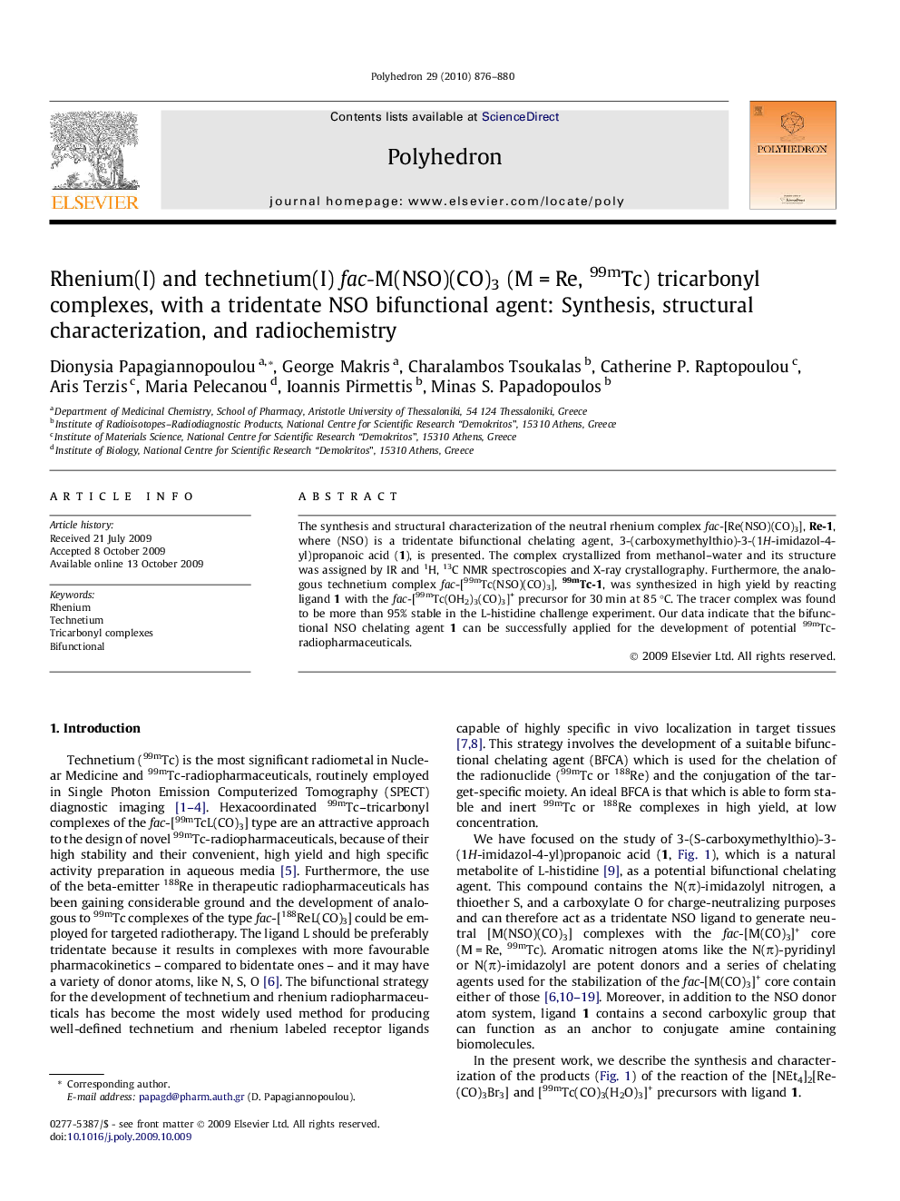 Rhenium(I) and technetium(I) fac-M(NSO)(CO)3 (M = Re, 99mTc) tricarbonyl complexes, with a tridentate NSO bifunctional agent: Synthesis, structural characterization, and radiochemistry