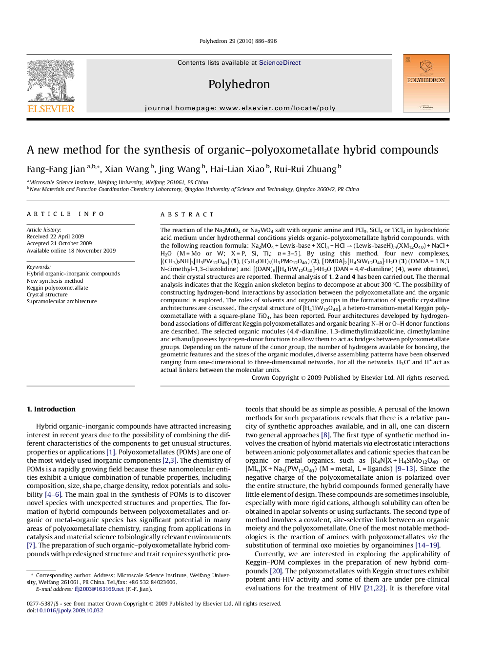 A new method for the synthesis of organic–polyoxometallate hybrid compounds