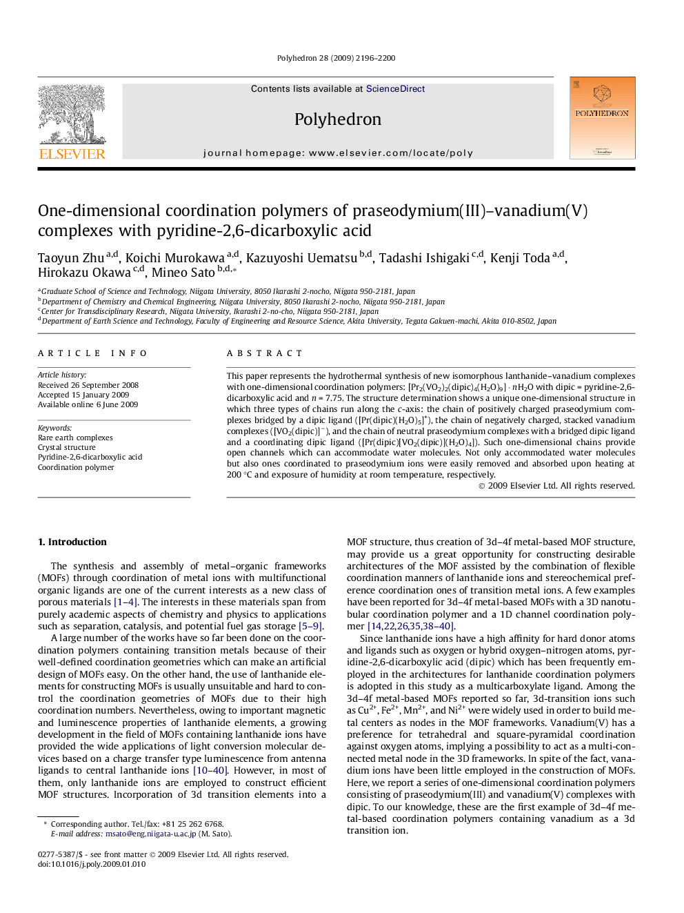 One-dimensional coordination polymers of praseodymium(III)–vanadium(V) complexes with pyridine-2,6-dicarboxylic acid