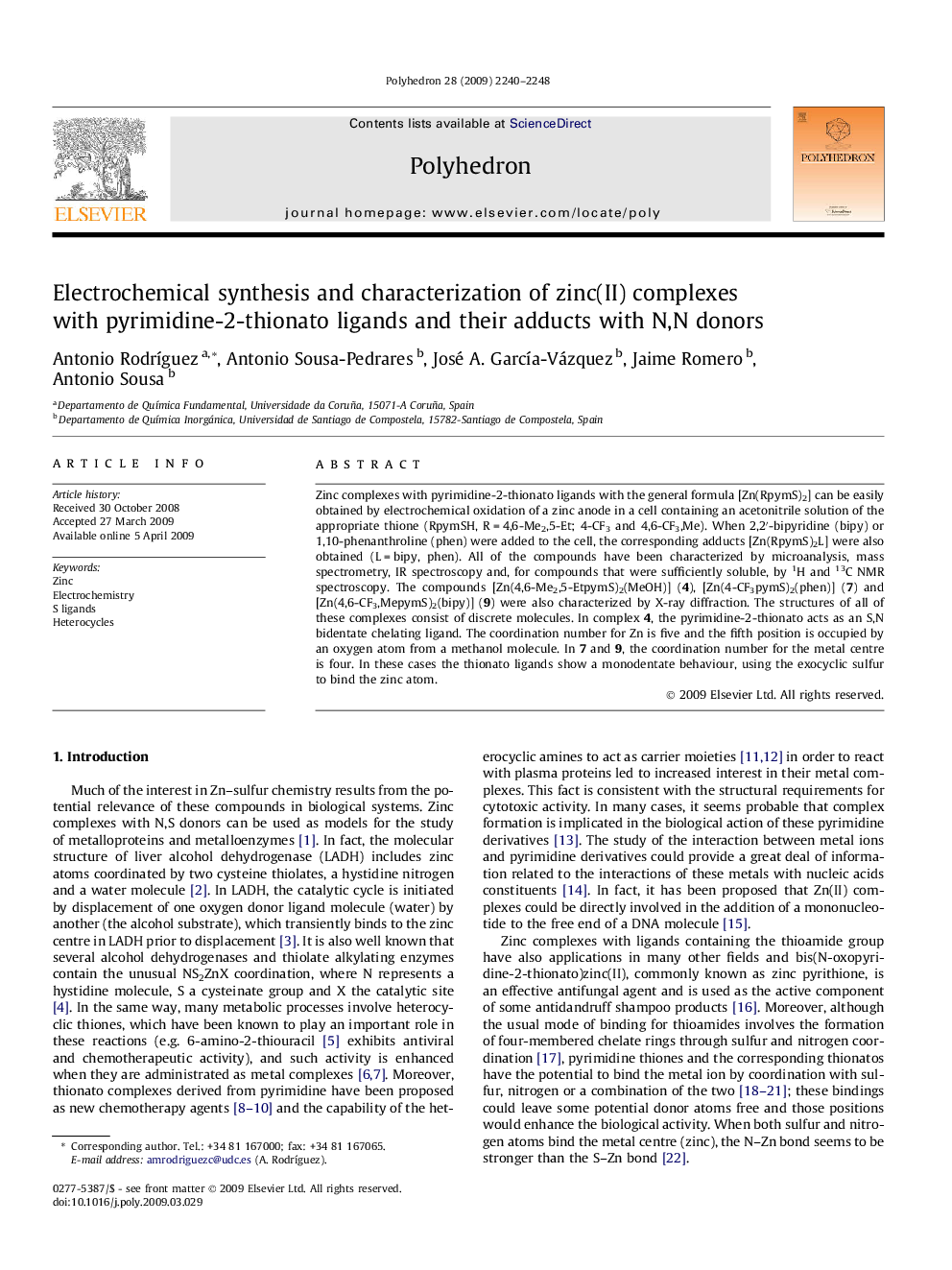 Electrochemical synthesis and characterization of zinc(II) complexes with pyrimidine-2-thionato ligands and their adducts with N,N donors