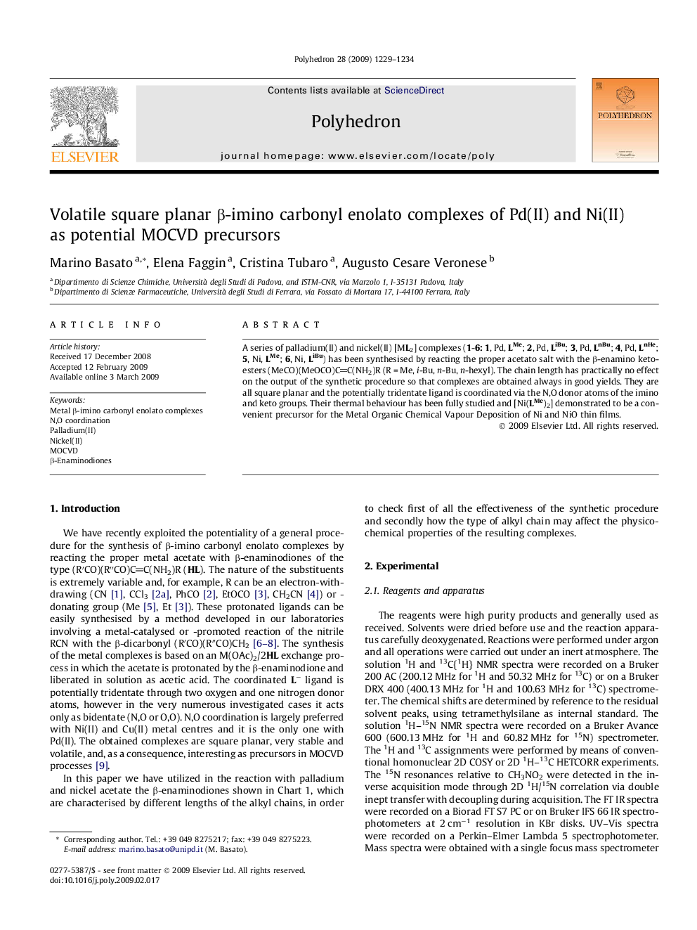 Volatile square planar β-imino carbonyl enolato complexes of Pd(II) and Ni(II) as potential MOCVD precursors