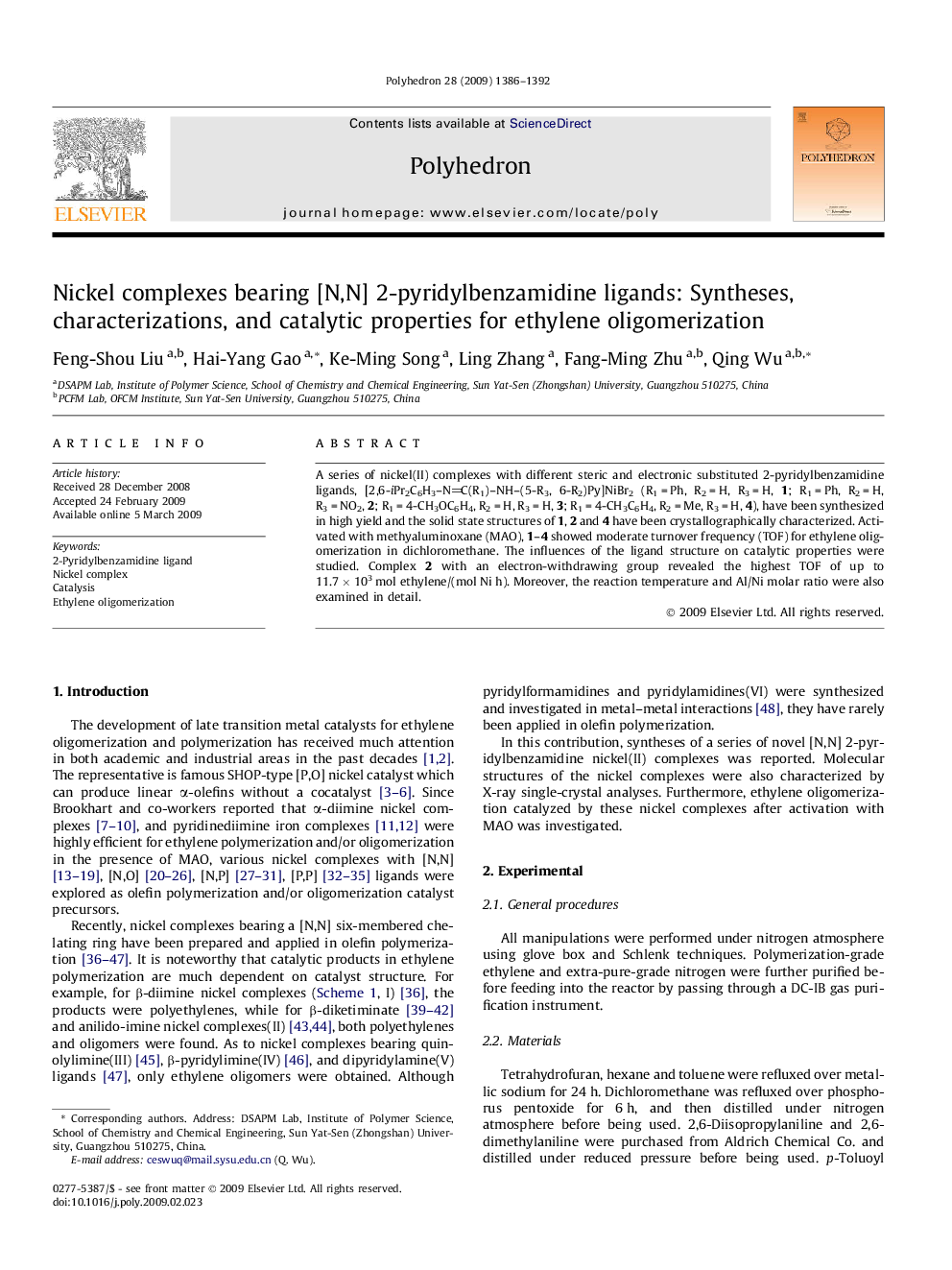 Nickel complexes bearing [N,N] 2-pyridylbenzamidine ligands: Syntheses, characterizations, and catalytic properties for ethylene oligomerization