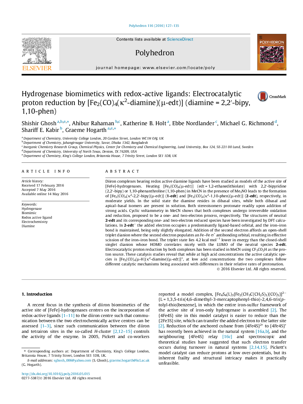 Hydrogenase biomimetics with redox-active ligands: Electrocatalytic proton reduction by [Fe2(CO)4(κ2-diamine)(μ-edt)] (diamine = 2,2′-bipy, 1,10-phen)