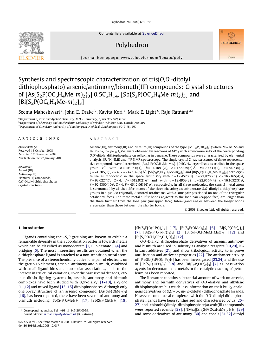 Synthesis and spectroscopic characterization of tris(O,O′-ditolyl dithiophosphato) arsenic/antimony/bismuth(III) compounds: Crystal structures of [As{S2P(OC6H4Me-m)2}3]·0.5C6H14, [Sb{S2P(OC6H4Me-m)2}3] and [Bi{S2P(OC6H4Me-m)2}3]