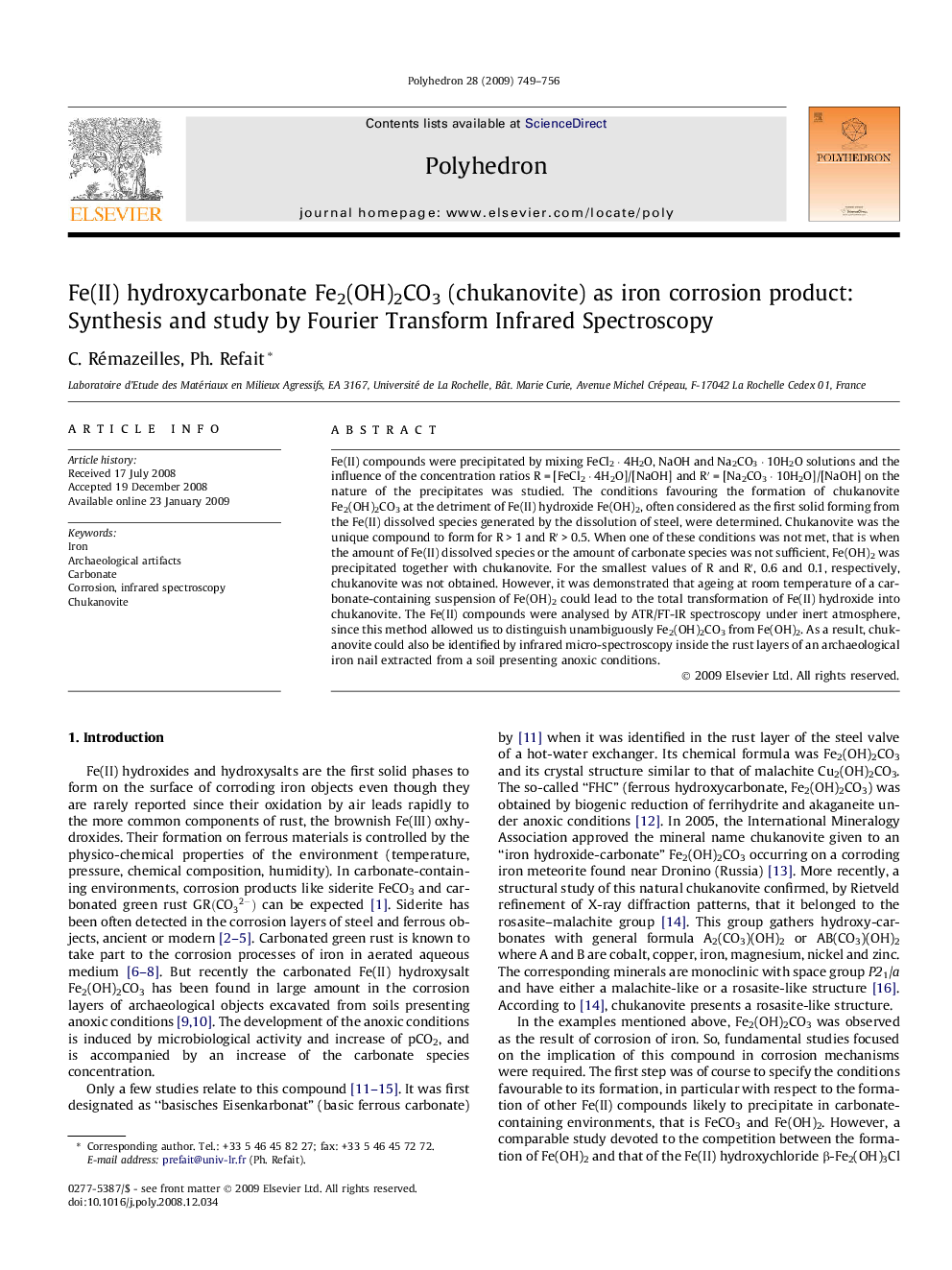 Fe(II) hydroxycarbonate Fe2(OH)2CO3 (chukanovite) as iron corrosion product: Synthesis and study by Fourier Transform Infrared Spectroscopy