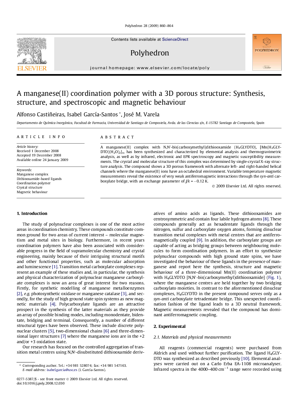 عکس صفحه اول مقاله: A manganese(II) coordination polymer with a 3D porous structure: Synthesis, structure, and spectroscopic and magnetic behaviour A manganese(II) coordination polymer with a 3D porous structure: Synthesis, structure, and spectroscopic and magnetic behaviour