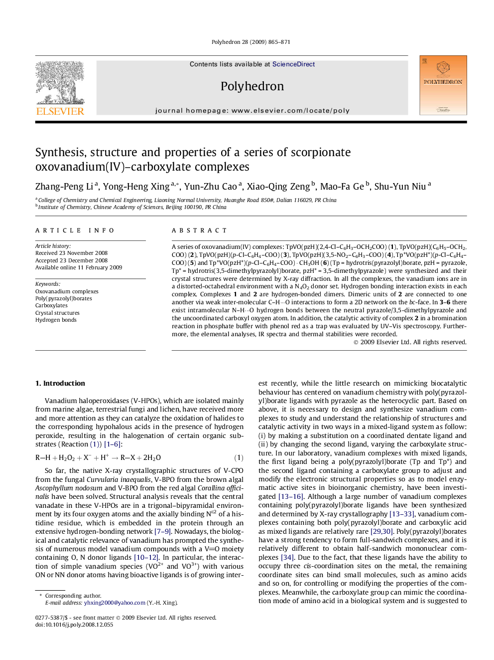 عکس صفحه اول مقاله: Synthesis, structure and properties of a series of scorpionate oxovanadium(IV)–carboxylate complexes Synthesis, structure and properties of a series of scorpionate oxovanadium(IV)–carboxylate complexes