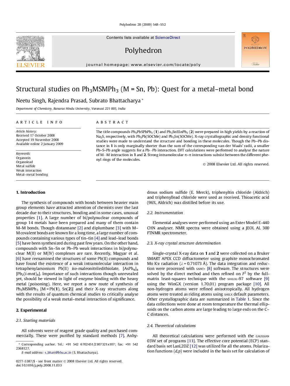 Structural studies on Ph3MSMPh3 (M = Sn, Pb): Quest for a metal–metal bond