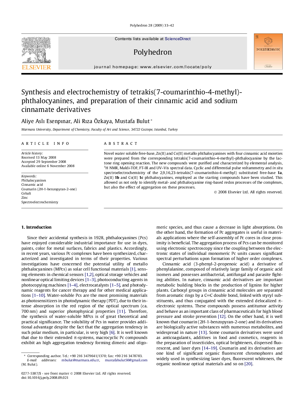 Synthesis and electrochemistry of tetrakis(7-coumarinthio-4-methyl)-phthalocyanines, and preparation of their cinnamic acid and sodium cinnamate derivatives