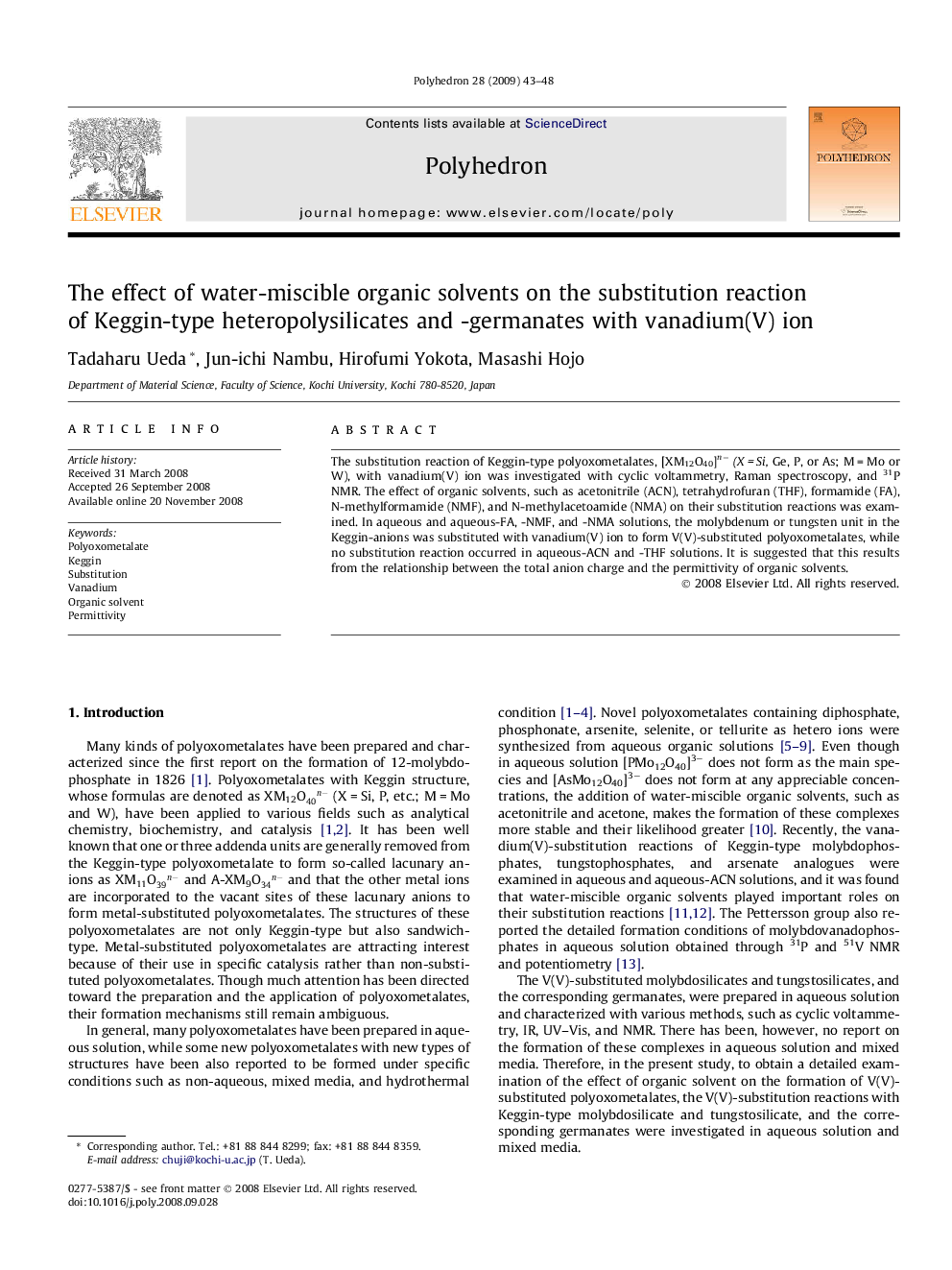 The effect of water-miscible organic solvents on the substitution reaction of Keggin-type heteropolysilicates and -germanates with vanadium(V) ion