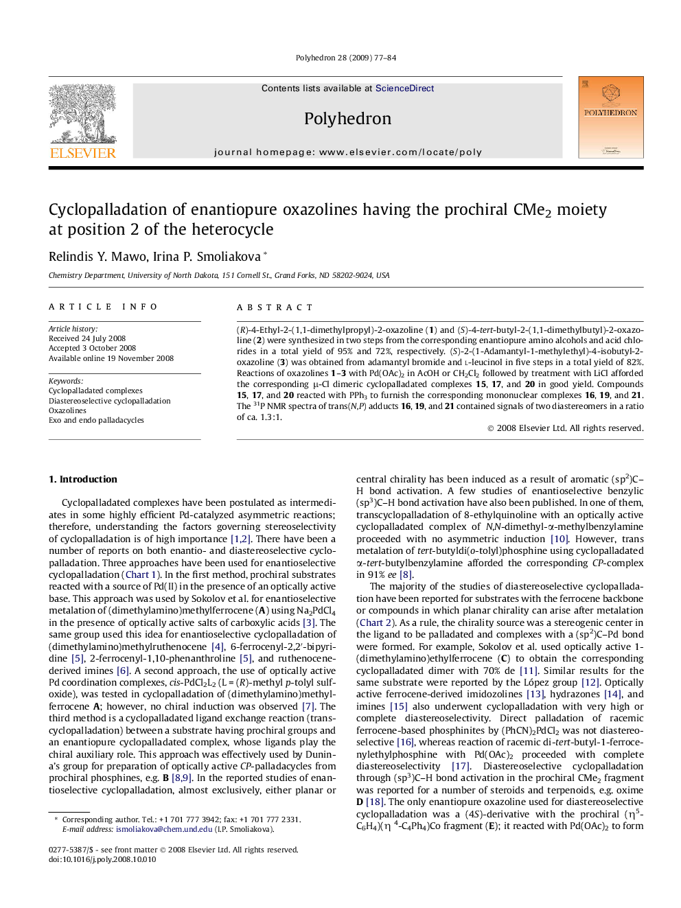 Cyclopalladation of enantiopure oxazolines having the prochiral CMe2 moiety at position 2 of the heterocycle