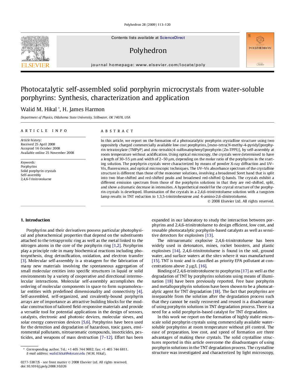 Photocatalytic self-assembled solid porphyrin microcrystals from water-soluble porphyrins: Synthesis, characterization and application