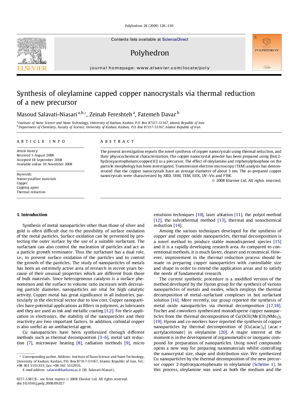 Synthesis of oleylamine capped copper nanocrystals via thermal reduction of a new precursor