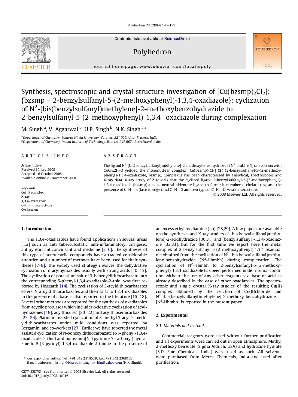 Synthesis, spectroscopic and crystal structure investigation of [Cu(bzsmp)2Cl2];{bzsmp = 2-benzylsulfanyl-5-(2-methoxyphenyl)-1,3,4-oxadiazole}: cyclization of N2-[bis(benzylsulfanyl)methylene]-2-methoxybenzohydrazide to 2-benzylsulfanyl-5-(2-methoxypheny