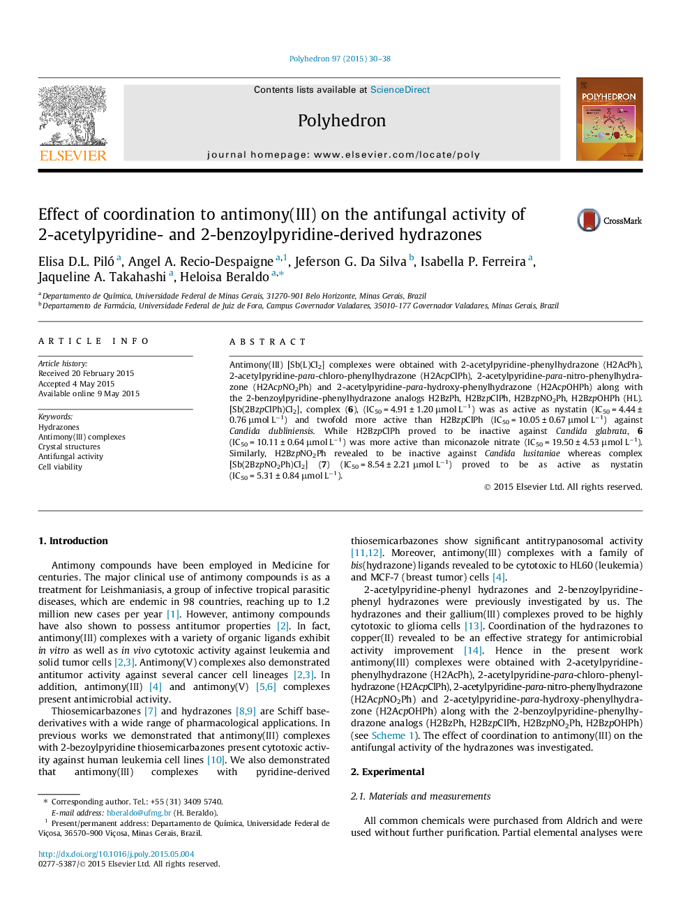 Effect of coordination to antimony(III) on the antifungal activity of 2-acetylpyridine- and 2-benzoylpyridine-derived hydrazones