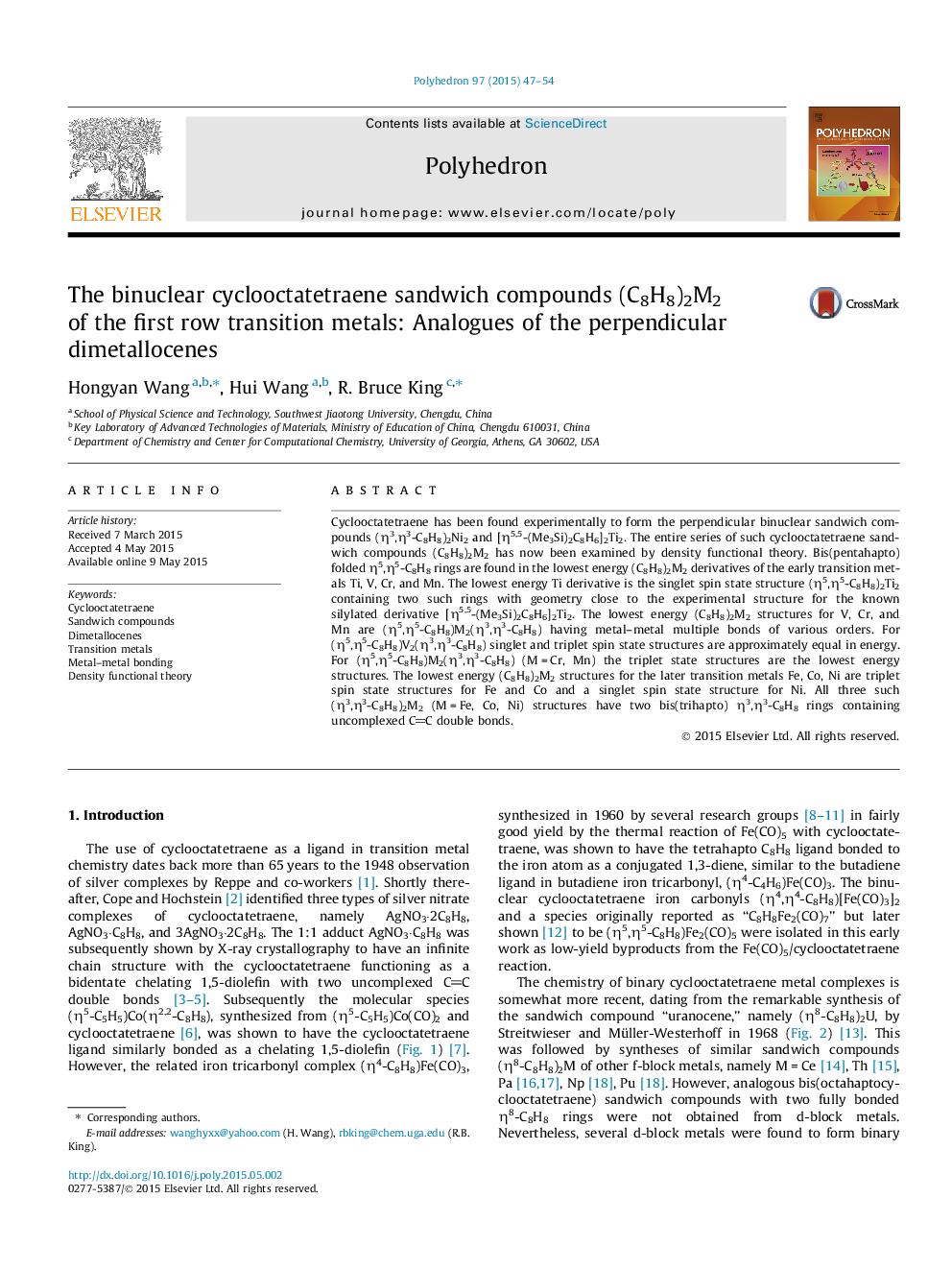 The binuclear cyclooctatetraene sandwich compounds (C8H8)2M2 of the first row transition metals: Analogues of the perpendicular dimetallocenes