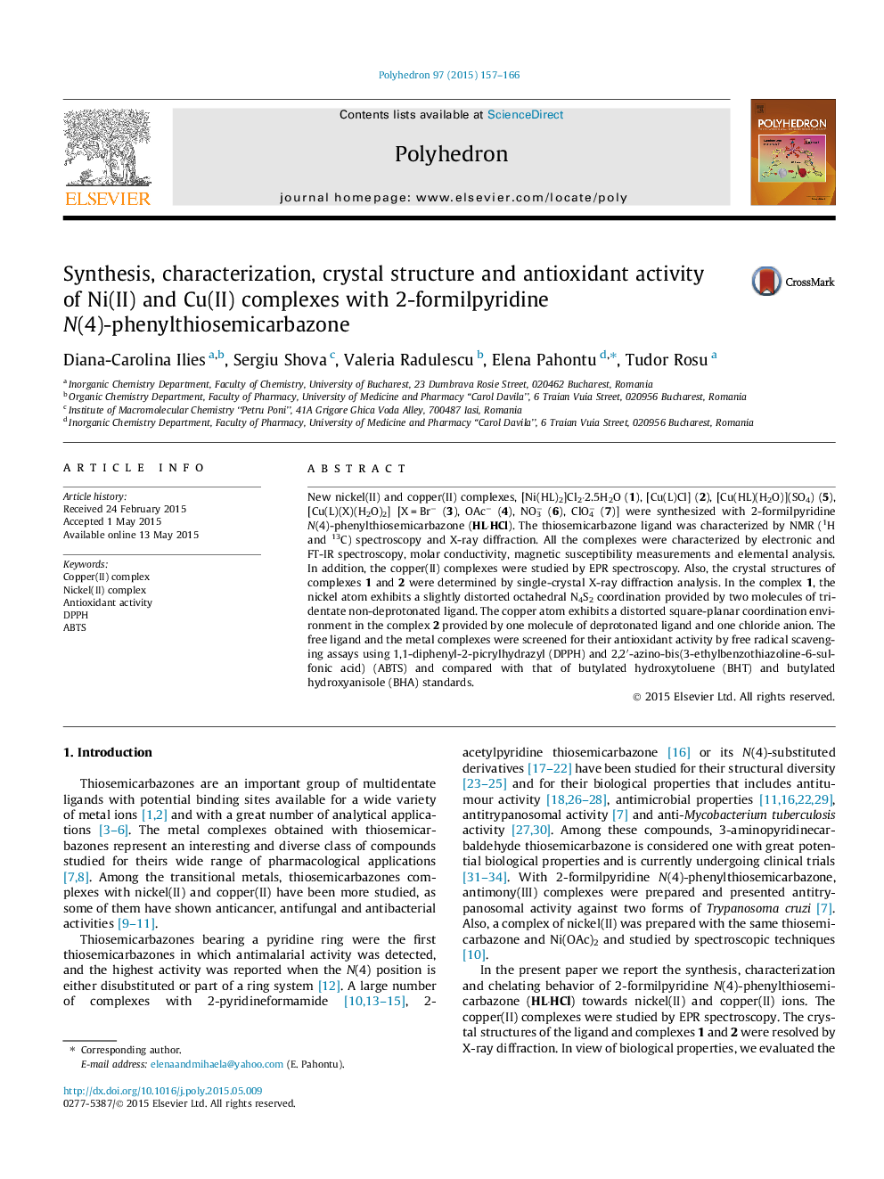 Synthesis, characterization, crystal structure and antioxidant activity of Ni(II) and Cu(II) complexes with 2-formilpyridine N(4)-phenylthiosemicarbazone