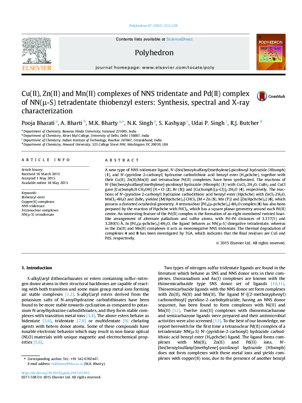 Cu(II), Zn(II) and Mn(II) complexes of NNS tridentate and Pd(II) complex of NN(μ-S) tetradentate thiobenzyl esters: Synthesis, spectral and X-ray characterization