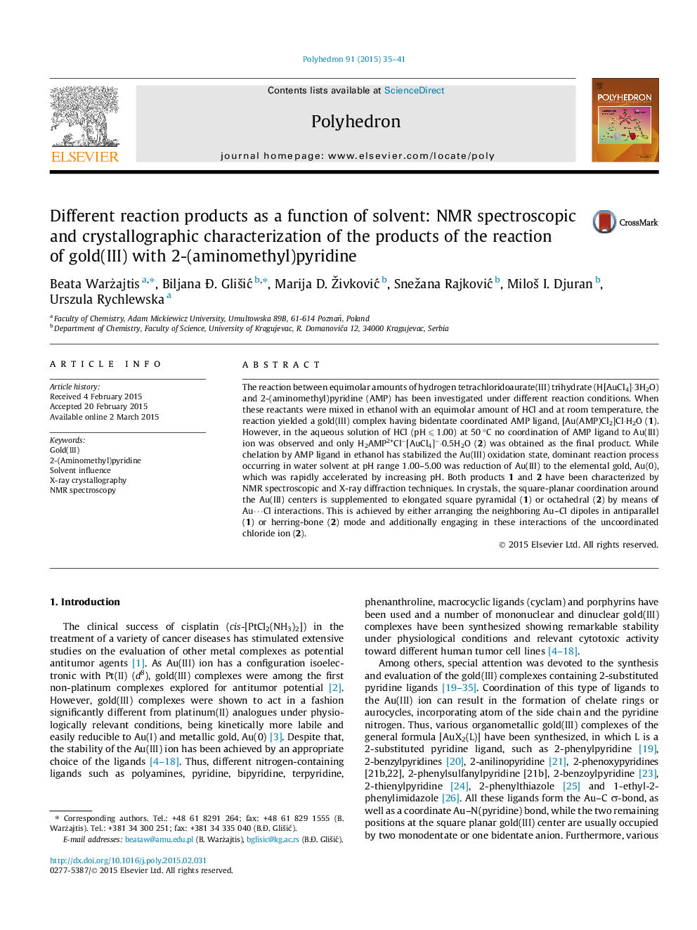 Different reaction products as a function of solvent: NMR spectroscopic and crystallographic characterization of the products of the reaction of gold(III) with 2-(aminomethyl)pyridine