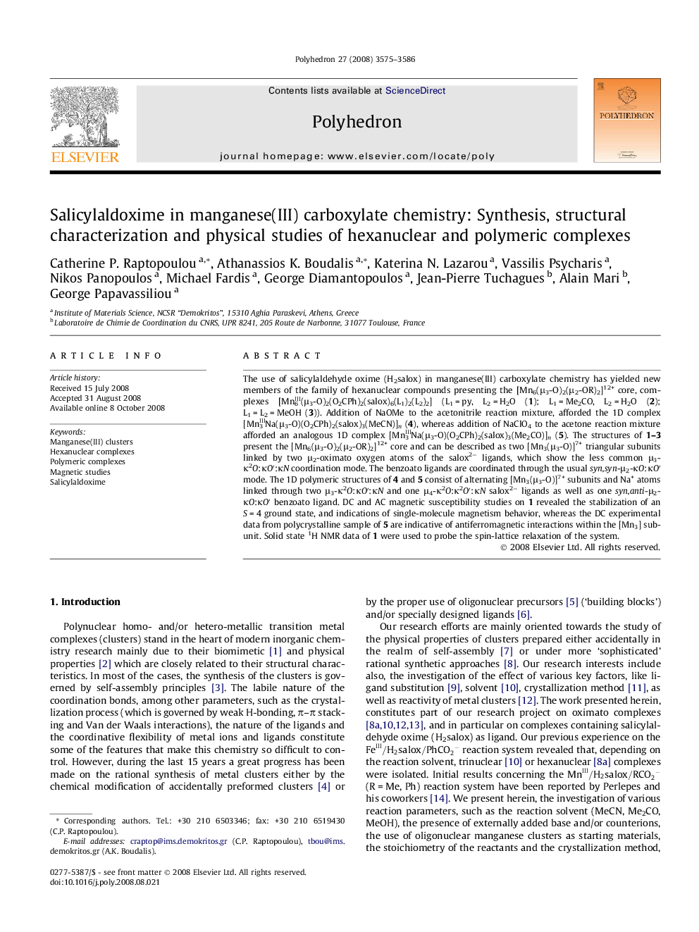 Salicylaldoxime in manganese(III) carboxylate chemistry: Synthesis, structural characterization and physical studies of hexanuclear and polymeric complexes