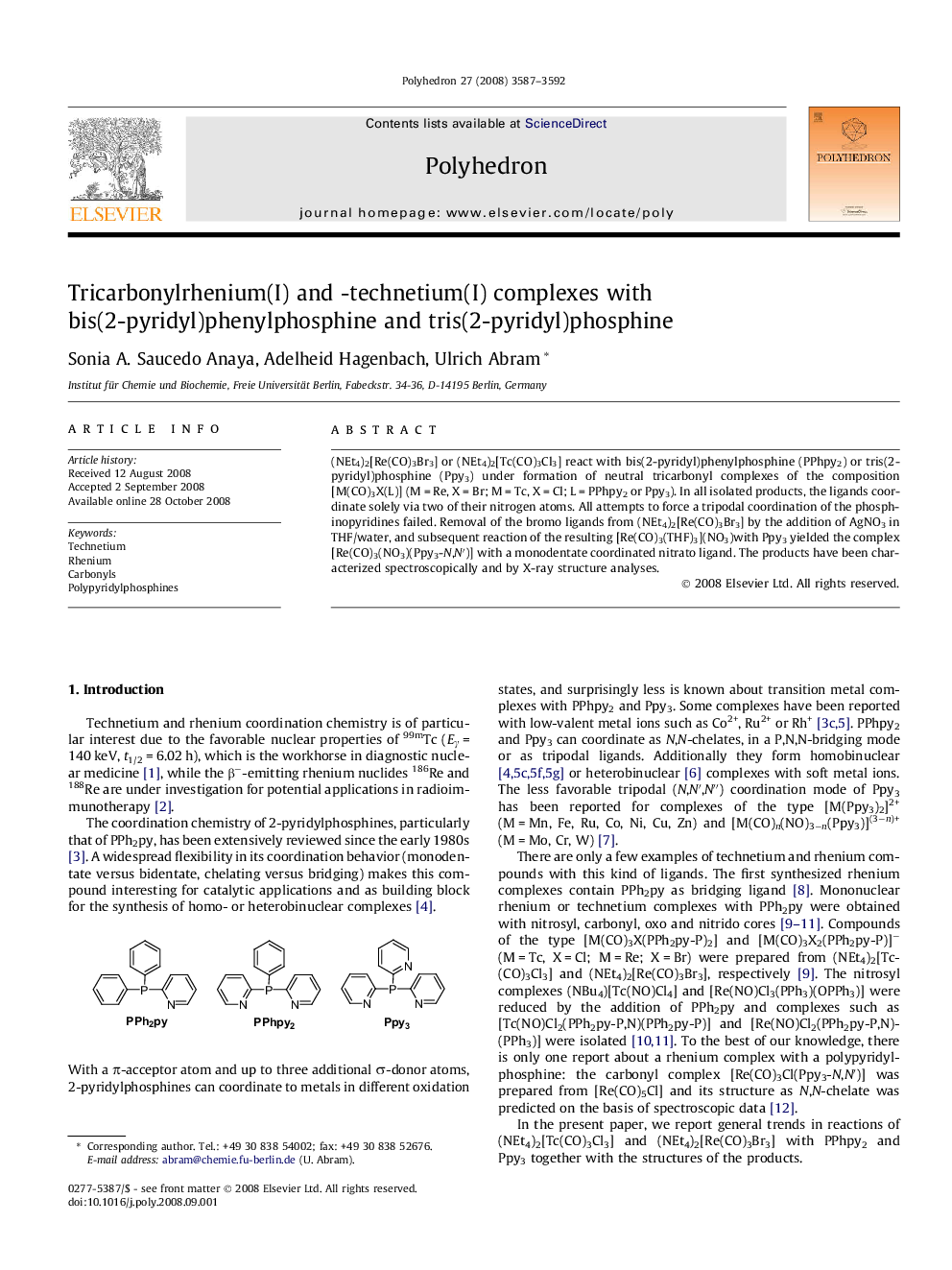 Tricarbonylrhenium(I) and -technetium(I) complexes with bis(2-pyridyl)phenylphosphine and tris(2-pyridyl)phosphine