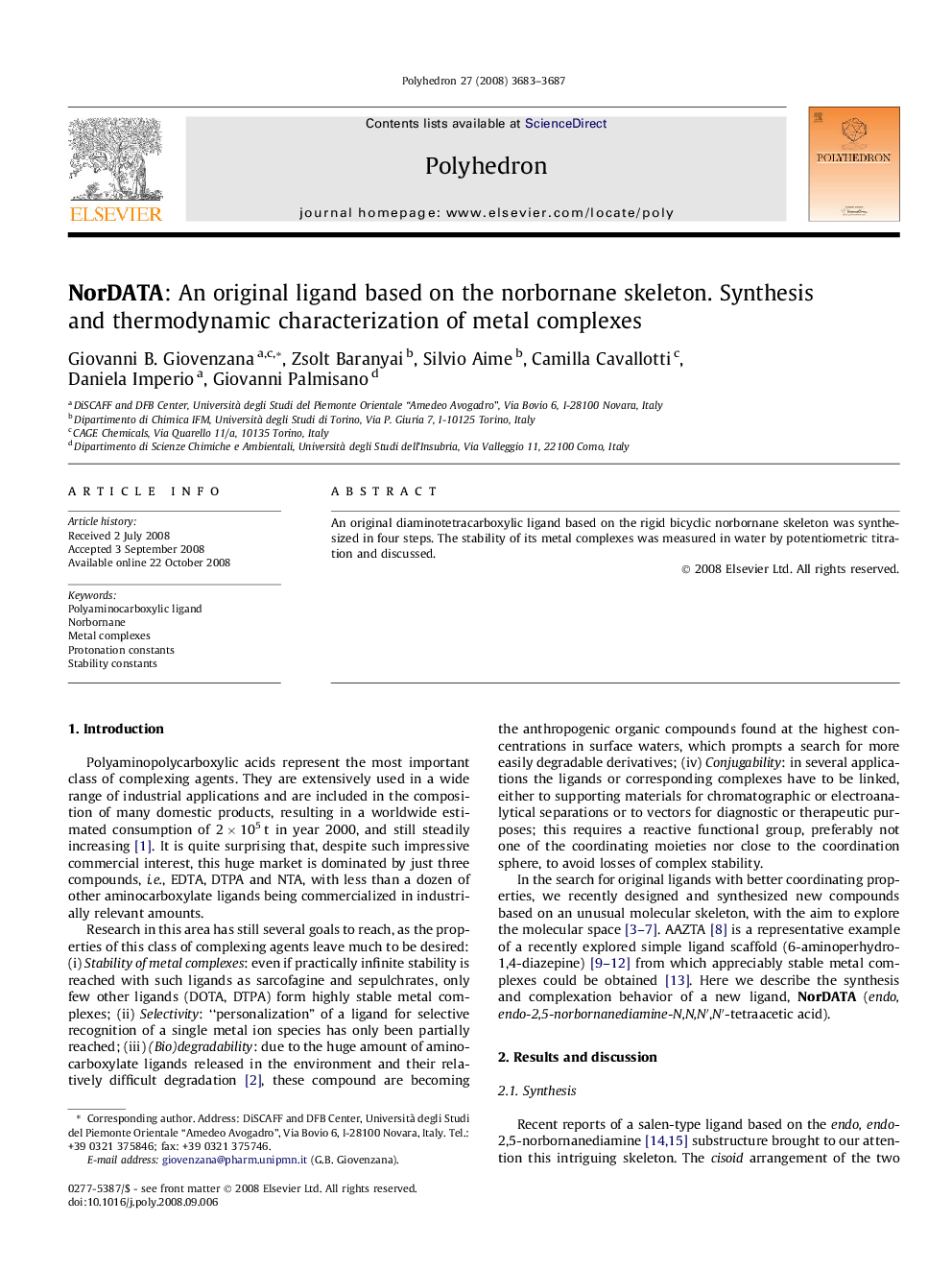 NorDATA: An original ligand based on the norbornane skeleton. Synthesis and thermodynamic characterization of metal complexes