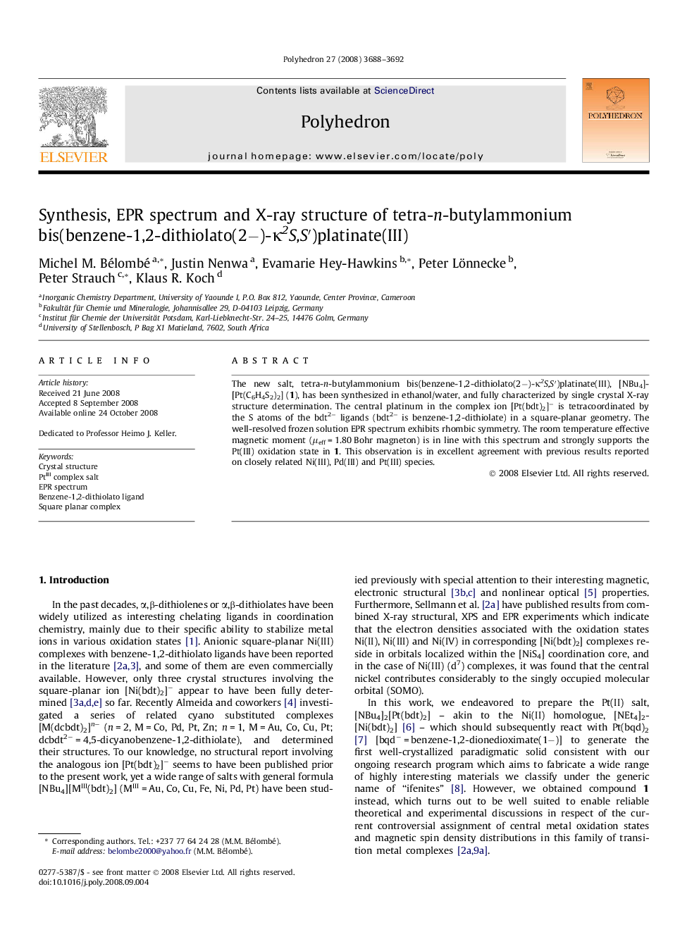 Synthesis, EPR spectrum and X-ray structure of tetra-n-butylammonium bis(benzene-1,2-dithiolato(2−)-κ2S,S′)platinate(III)
