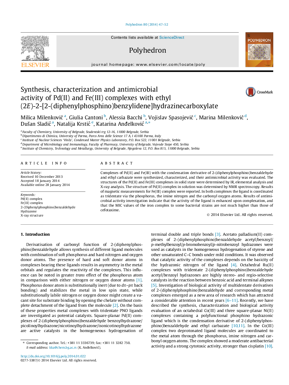 Synthesis, characterization and antimicrobial activity of Pd(II) and Fe(III) complexes with ethyl (2E)-2-[2-(diphenylphosphino)benzylidene]hydrazinecarboxylate