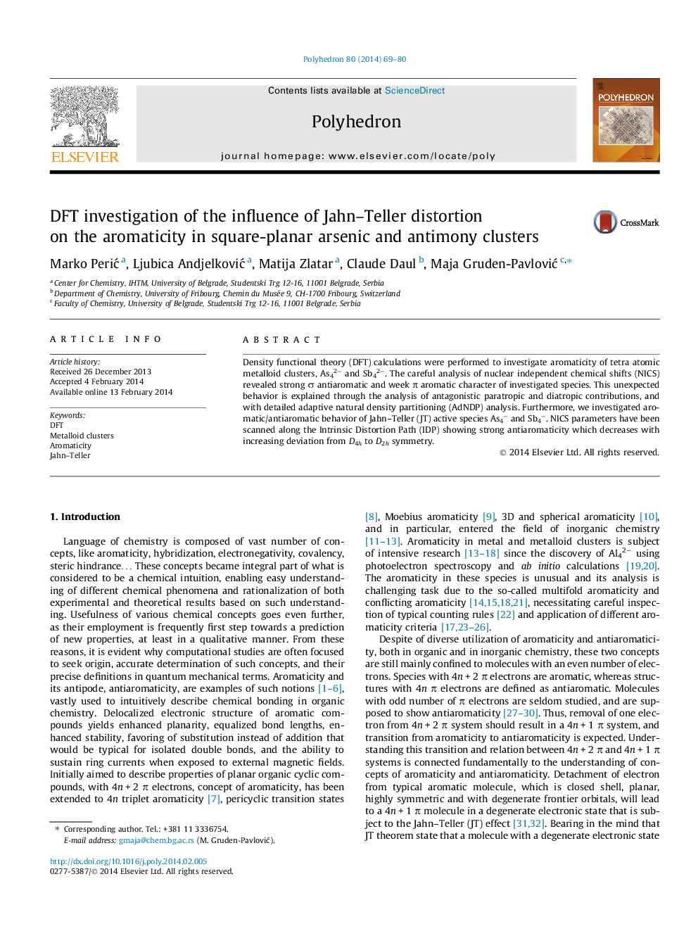عکس صفحه اول مقاله: DFT investigation of the influence of Jahn–Teller distortion on the aromaticity in square-planar arsenic and antimony clusters DFT investigation of the influence of Jahn–Teller distortion on the aromaticity in square-planar arsenic and antimony clusters