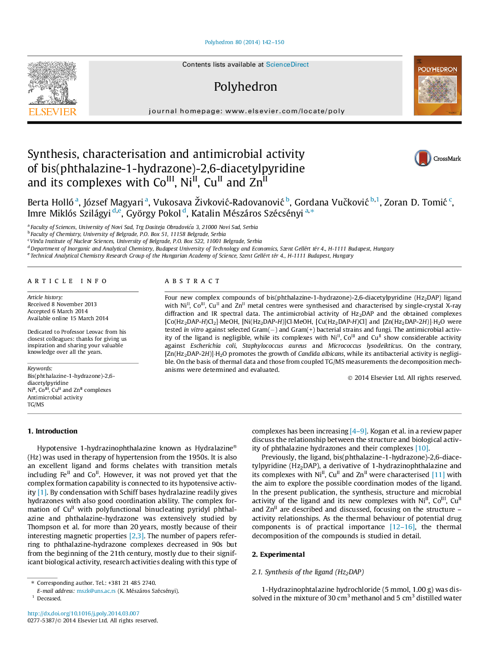 Synthesis, characterisation and antimicrobial activity of bis(phthalazine-1-hydrazone)-2,6-diacetylpyridine and its complexes with CoIII, NiII, CuII and ZnII