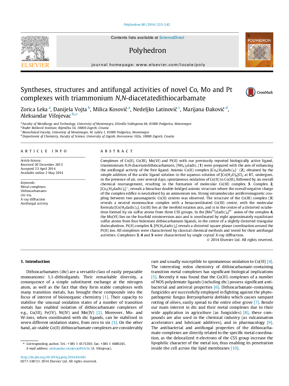 Syntheses, structures and antifungal activities of novel Co, Mo and Pt complexes with triammonium N,N-diacetatedithiocarbamate