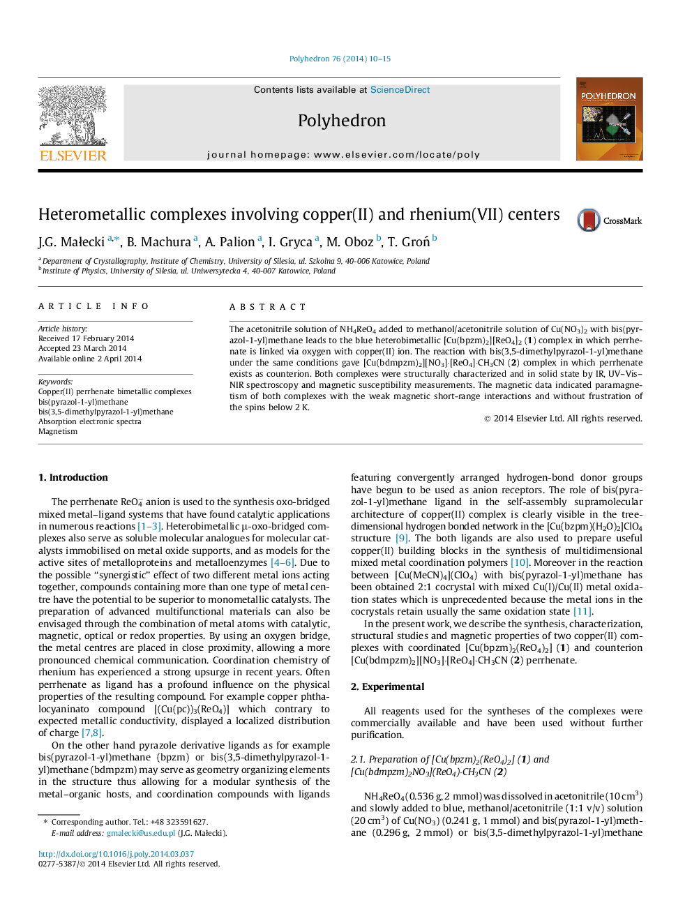 Heterometallic complexes involving copper(II) and rhenium(VII) centers