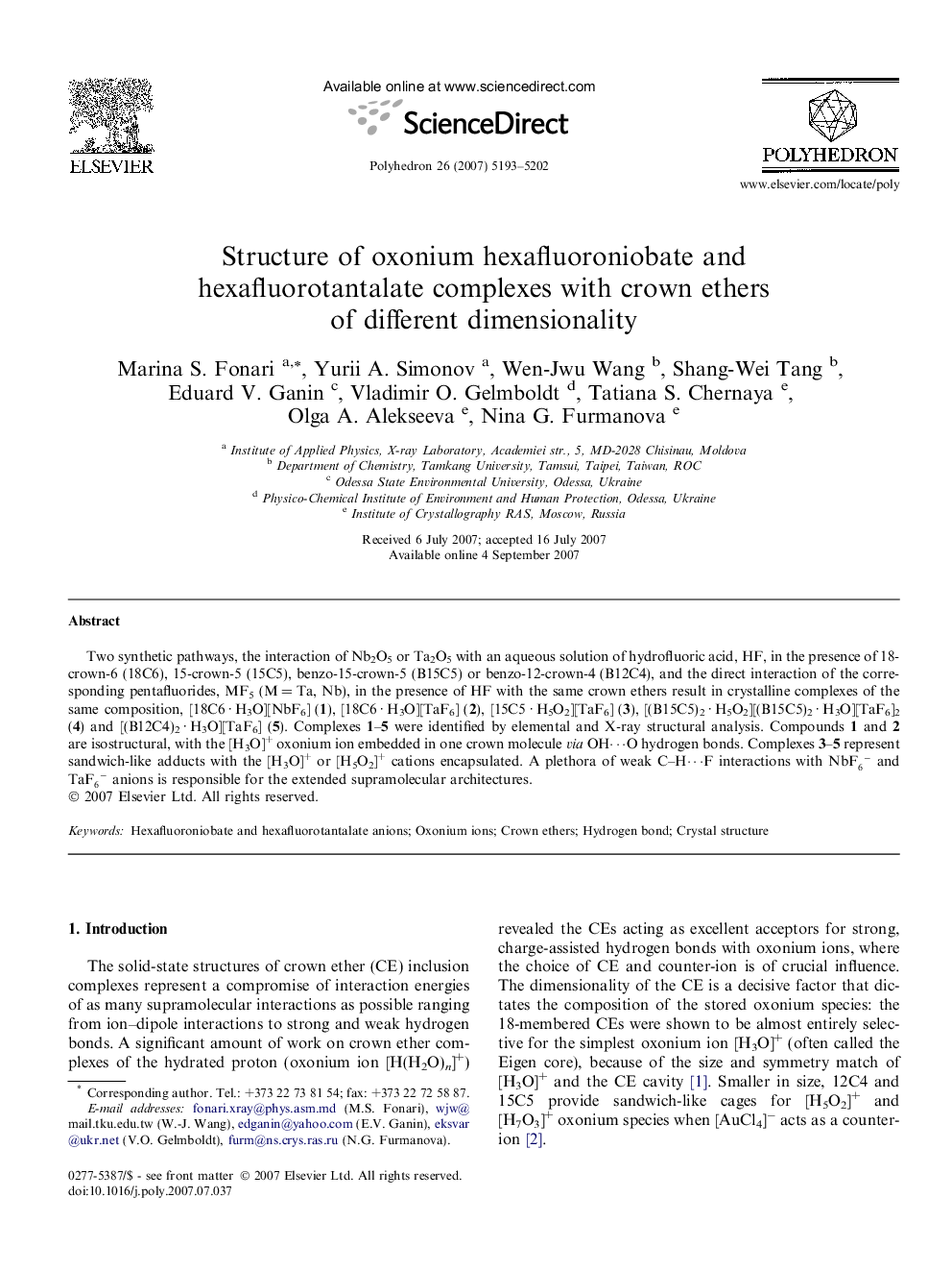 Structure of oxonium hexafluoroniobate and hexafluorotantalate complexes with crown ethers of different dimensionality