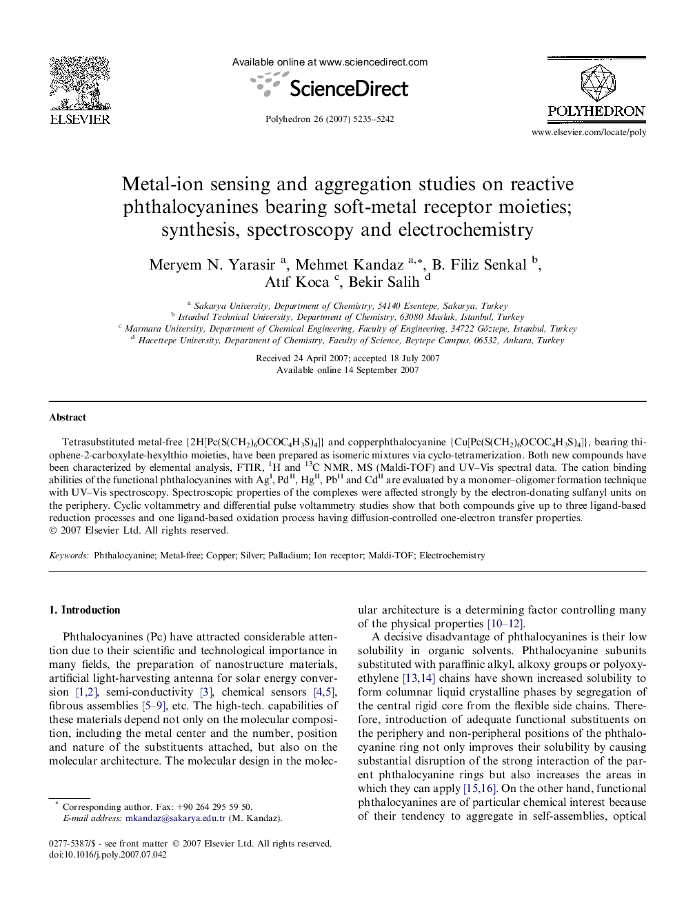 Metal-ion sensing and aggregation studies on reactive phthalocyanines bearing soft-metal receptor moieties; synthesis, spectroscopy and electrochemistry