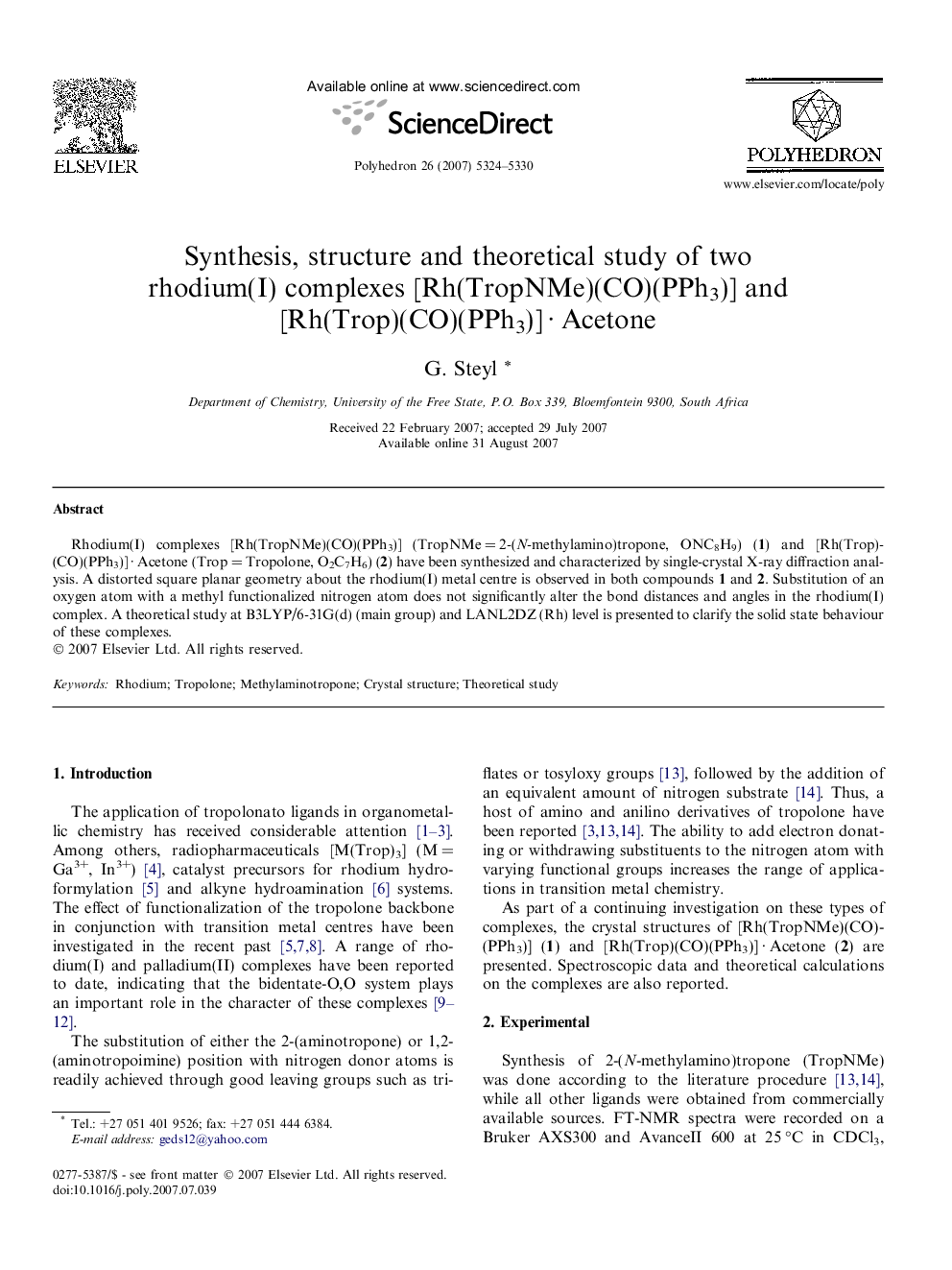 Synthesis, structure and theoretical study of two rhodium(I) complexes [Rh(TropNMe)(CO)(PPh3)] and [Rh(Trop)(CO)(PPh3)] · Acetone