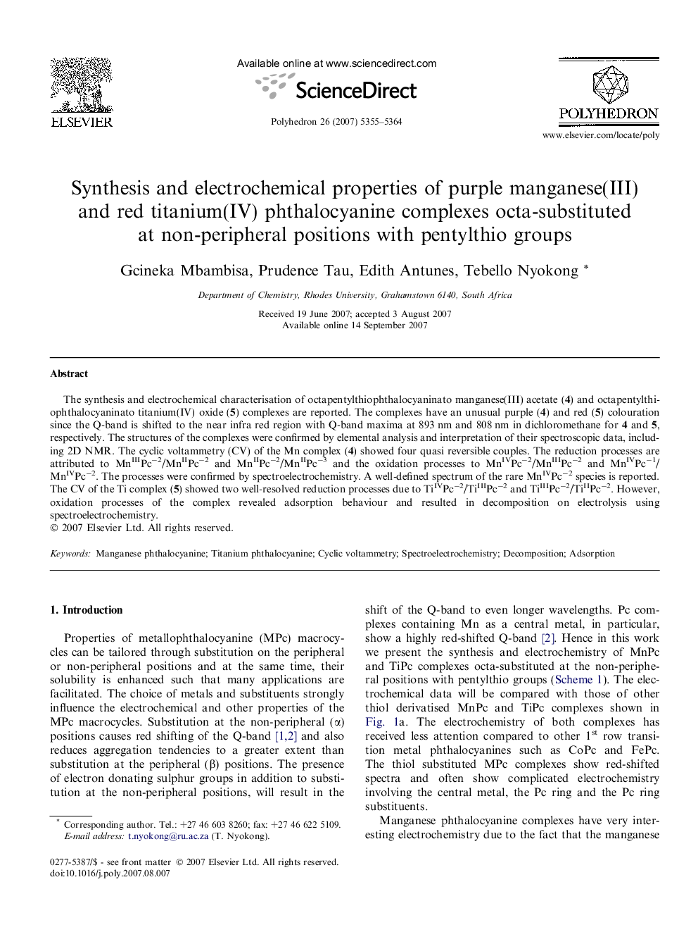 عکس صفحه اول مقاله: Synthesis and electrochemical properties of purple manganese(III) and red titanium(IV) phthalocyanine complexes octa-substituted at non-peripheral positions with pentylthio groups Synthesis and electrochemical properties of purple manganese(III) and red titanium(IV) phthalocyanine complexes octa-substituted at non-peripheral positions with pentylthio groups