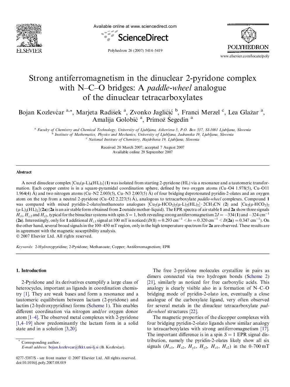 Strong antiferromagnetism in the dinuclear 2-pyridone complex with N–C–O bridges: A paddle-wheel analogue of the dinuclear tetracarboxylates