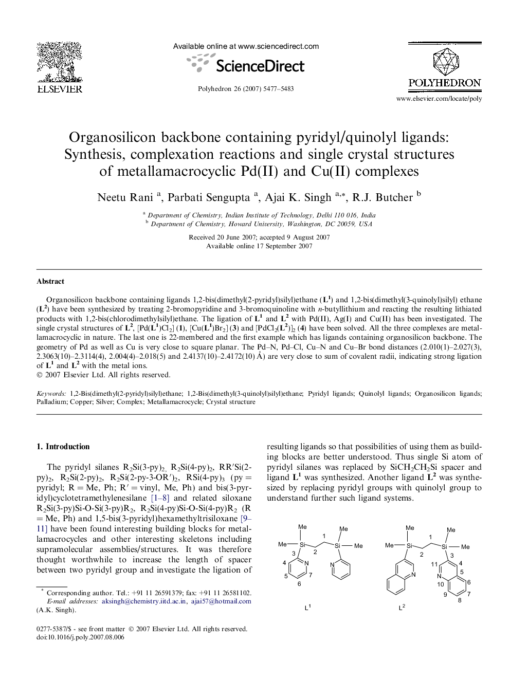 Organosilicon backbone containing pyridyl/quinolyl ligands: Synthesis, complexation reactions and single crystal structures of metallamacrocyclic Pd(II) and Cu(II) complexes