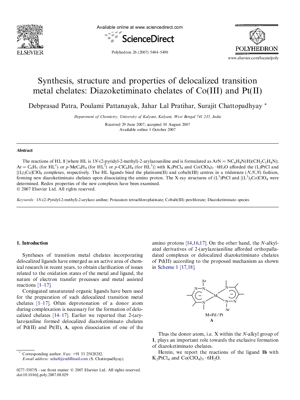 عکس صفحه اول مقاله: Synthesis, structure and properties of delocalized transition metal chelates: Diazoketiminato chelates of Co(III) and Pt(II) Synthesis, structure and properties of delocalized transition metal chelates: Diazoketiminato chelates of Co(III) and Pt(II)