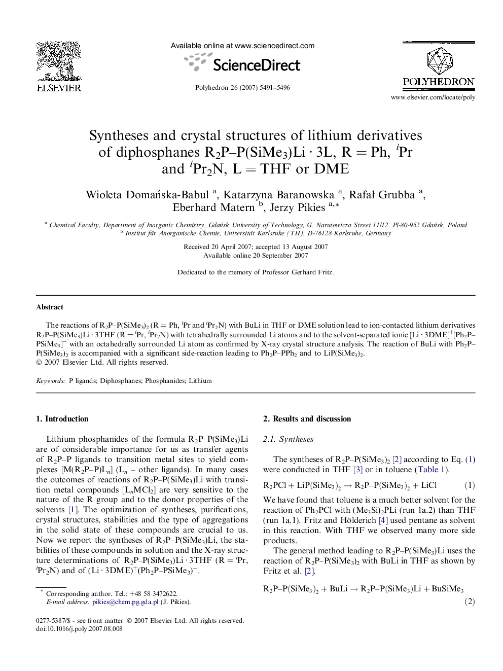 Syntheses and crystal structures of lithium derivatives of diphosphanes R2P–P(SiMe3)Li · 3L, R = Ph, iPr and iPr2N, L = THF or DME